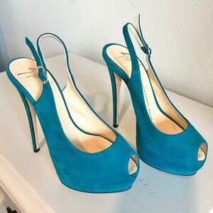 Giuseppe Zanotti Platform Stiletto High Heel Women’s Size 37 Suede Teal Peep Toe